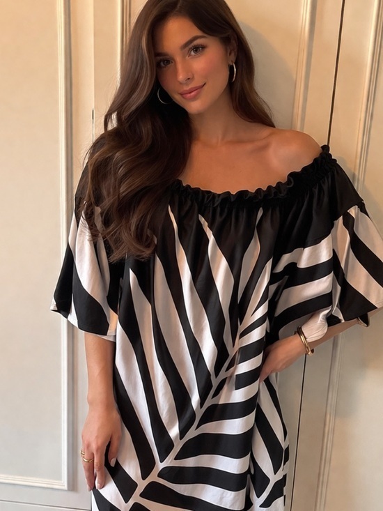 Ashley Stewart Dresses & Skirts - Ashley Stewart blk white Palm Off-Shoulder flare mid sleeve dress size 18/20